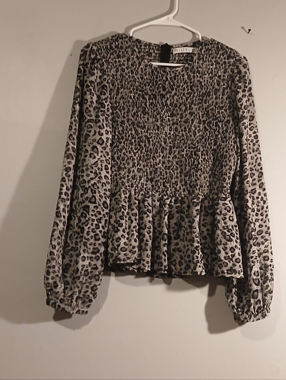 Potters Pot Brand Leopard Print Long-Sleeve Peplum Top. Size Medium